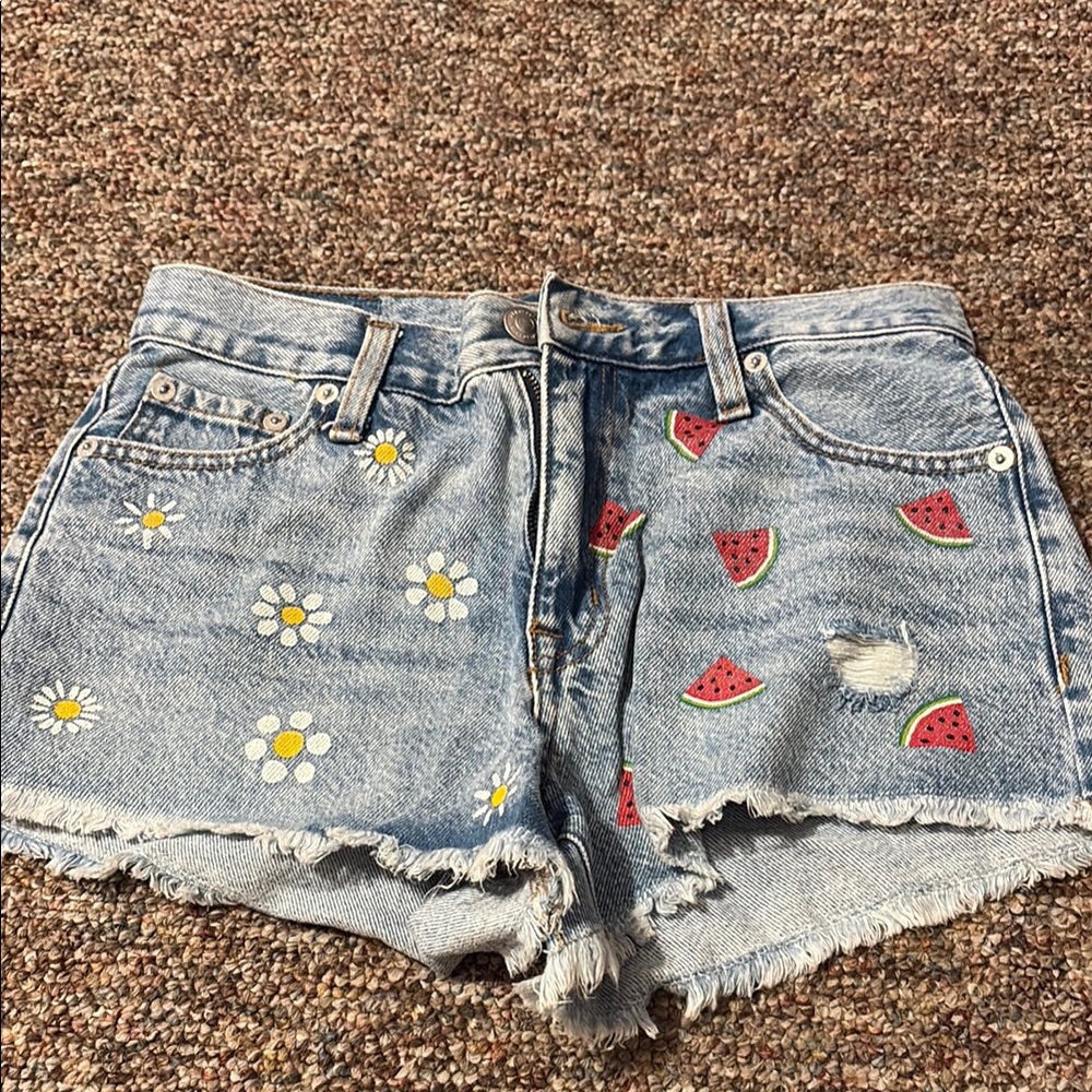 Aeropostale Blue and Red Jean Shorts with Embroidered Designs